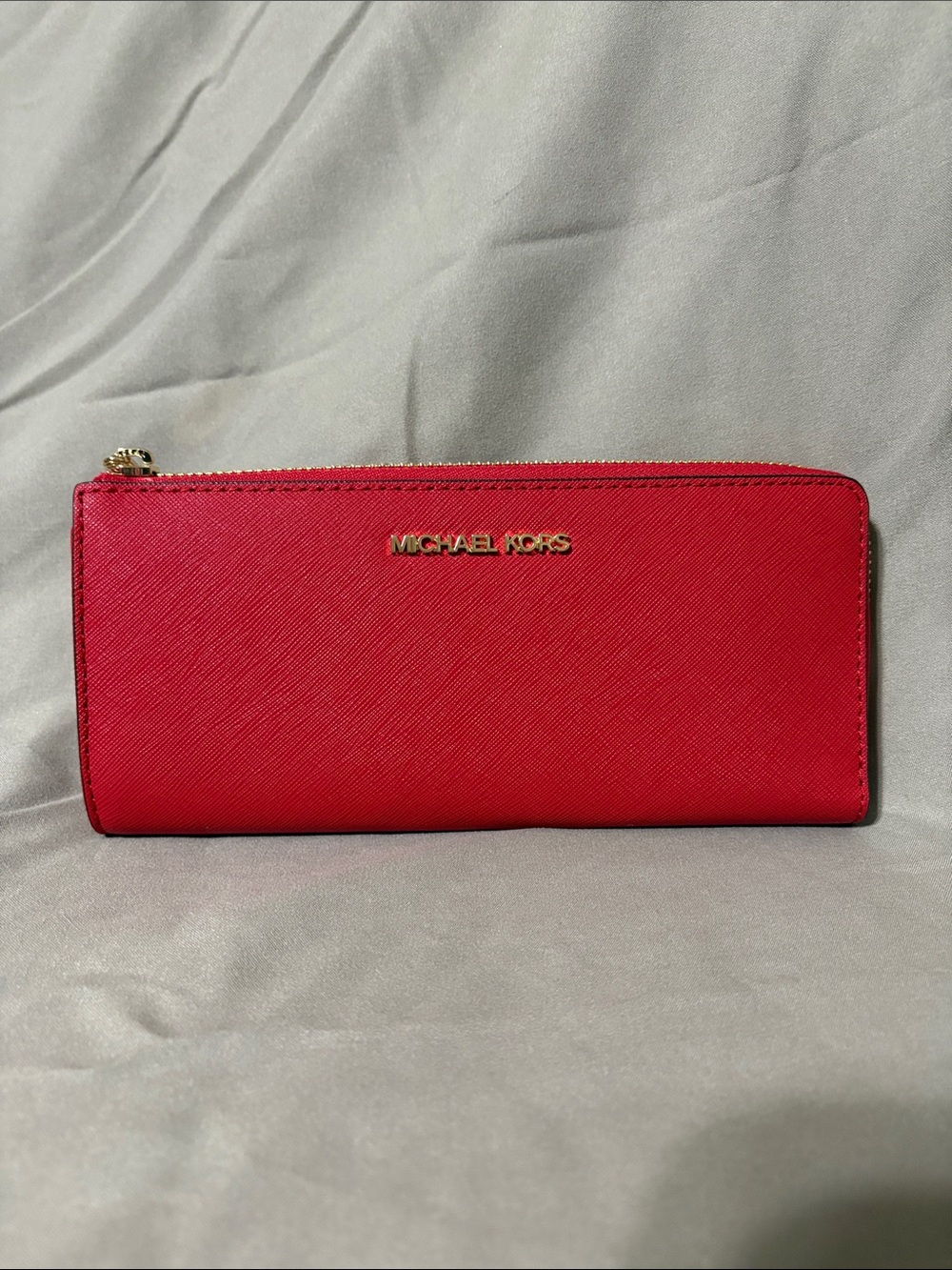 Michael Kors Red Saffiano Zip Wallet with Gold Logo